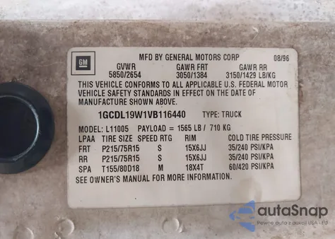 1997 Chevrolet Astro из США, поврежденный, VIN 1GCDL19W1VB116440